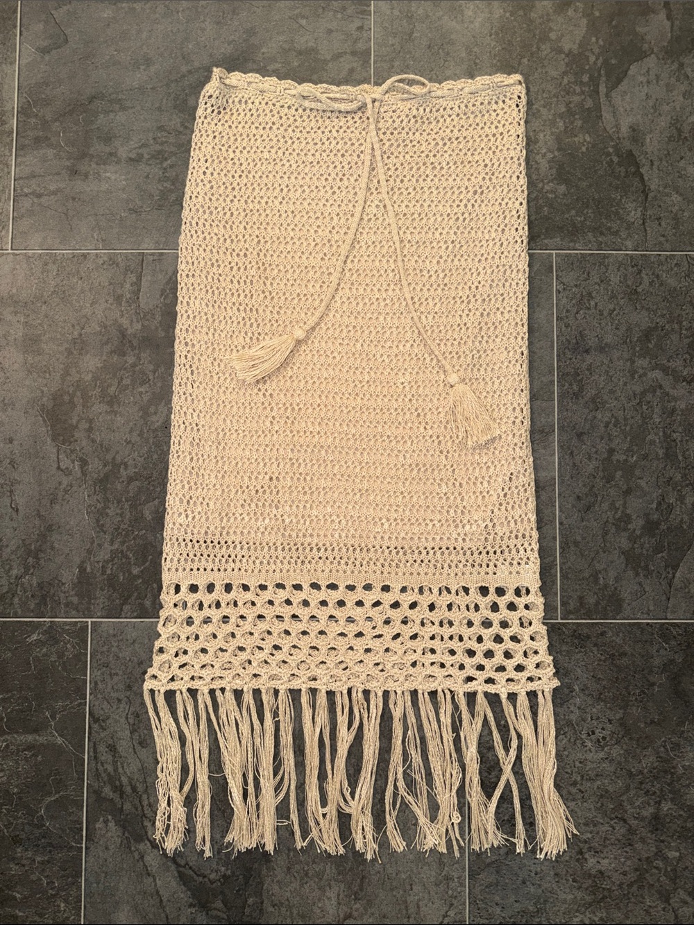 Crochet Fringe Midi Skirt in Cream with Tassel Waist